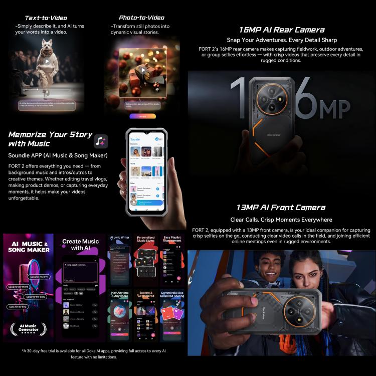 Blackview FORT 2 러기드 폰, 8GB+256GB, 6.56인치 안드로이드 15 MediaTek MT6769V/CB Helio G81 옥타 코어, 네트워크: 4G, OTG, NFC, 8GB+256GB