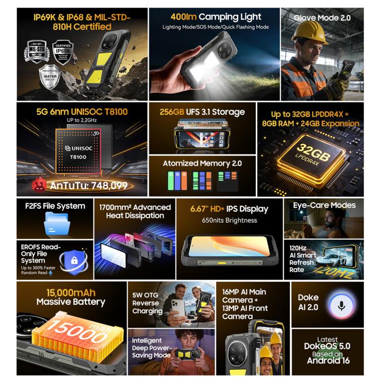 Blackview ROCK 2 Pro 러기드 폰, 8GB+256GB, 6.67인치 안드로이드 16 Unisoc UMS9620 T8100 옥타 코어, 네트워크: 5G, OTG, NFC