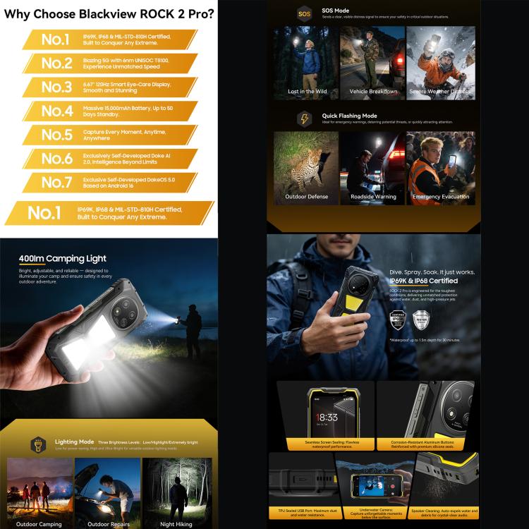 Blackview ROCK 2 Pro 러기드 폰, 8GB+256GB, 6.67인치 안드로이드 16 Unisoc UMS9620 T8100 옥타 코어, 네트워크: 5G, OTG, NFC