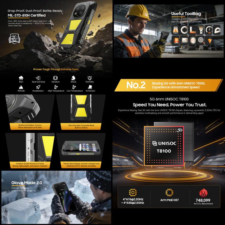 Blackview ROCK 2 Pro 러기드 폰, 8GB+256GB, 6.67인치 안드로이드 16 Unisoc UMS9620 T8100 옥타 코어, 네트워크: 5G, OTG, NFC