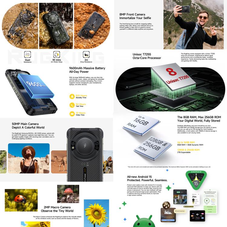 Ulefone RugKing, 8GB+128GB, IP68/IP69K 러기드 폰, 5.99인치 안드로이드 15 Unisoc T7255 옥타 코어, 네트워크: 4G, NFC, OTG, RugKing, 8GB+128GB