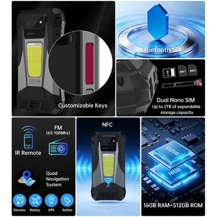 Unihertz 8849Tank X 프로젝터 러기드 폰, 16GB+512GB, 측면 지문 인식, 야간 투시, 6.78인치 안드로이드 15 MediaTek Dimensity 8200 옥타 코어, 네트워크: 5G, NFC, Tank X 16GB+512GB
