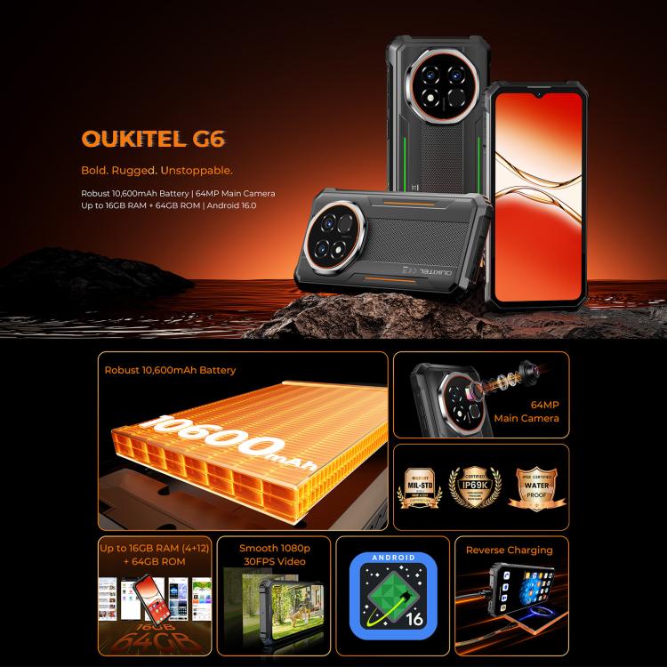 Oukitel G6 Rugged Phone, 4GB+64GB, Fingerprint Identification, 10600mAh Battery, 6.52 inch Android 16.0 Unisoc T615 Octa Core, OTG, Network: 4G, 4GB+64GB