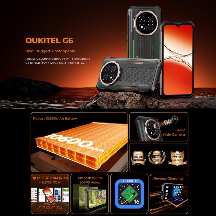 Oukitel G6 러기드 폰, 4GB+128GB, 지문 인식, 10600mAh 배터리, 6.52인치 Android 16.0 Unisoc T615 옥타 코어, NFC, OTG, 네트워크: 4G, 4GB+128GB