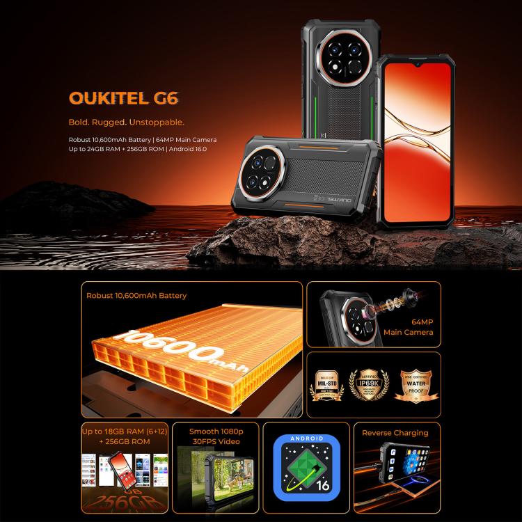 Oukitel G6 러기드 폰, 8GB+256GB, 지문 인식, 10600mAh 배터리, 6.52인치 Android 16.0 Unisoc T615 옥타 코어, NFC, OTG, 네트워크: 4G, 6GB+256GB