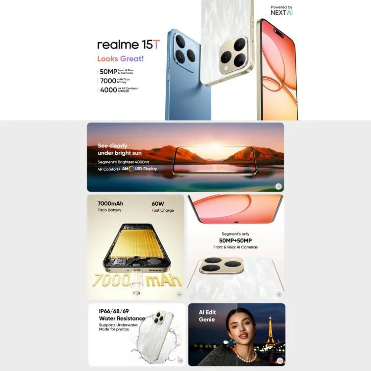 Realme 15T, 12GB+512GB, 화면 지문 인식, 6.57인치 Realme UI 6.0 Android 15 MediaTek Dimensity 6400 Max 옥타 코어, NFC, 네트워크: 5G, 12GB+512GB