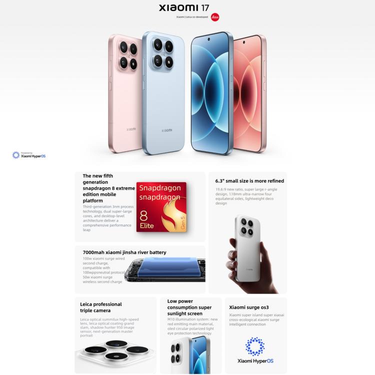 Xiaomi 17, 12GB+512GB, 3D Ultrasonic Fingerprint, 6.3 inch Xiaomi HyperOS 3 Snapdragon 8 Elite Gen 5 Octa Core, NFC, Network: 5G, 12GB+512GB