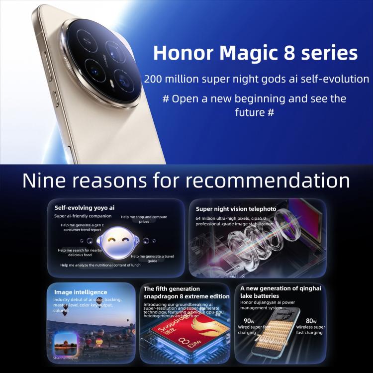 Honor Magic8, 16GB+512GB, 화면 지문 인식, 6.58인치 MagicOS 10.0 / Android 16 Snapdragon 8 Elite 5세대 옥타 코어, 네트워크: 5G, NFC, OTG, 16GB+512GB