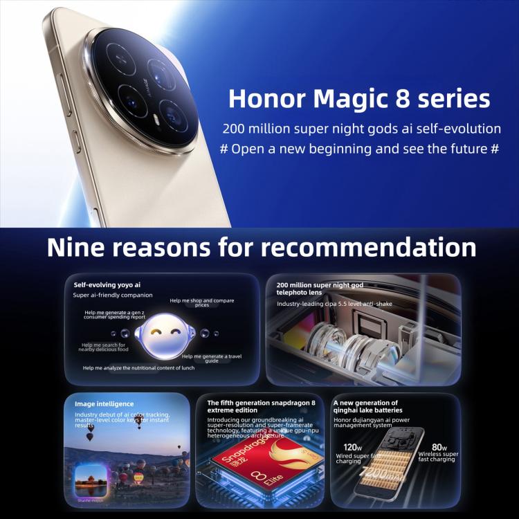 Honor Magic8 Pro, 12GB+256GB, 화면 지문 인식, 6.71인치 MagicOS 10.0 / Android 16 Snapdragon 8 Elite 5세대 옥타 코어, 네트워크: 5G, NFC, OTG, 12GB+256GB