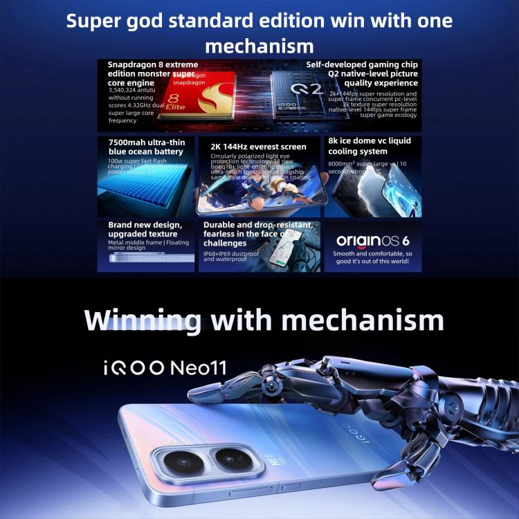 vivo iQOO Neo11, 16GB+512GB, 페이스 ID / 화면 지문 인식, 6.82인치 안드로이드 16 OriginOS 6 스냅드래곤 8 엘리트 옥타 코어, OTG, NFC, 네트워크: 5G, iQOO Neo11, 16GB+512GB