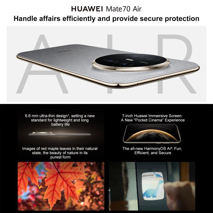 HUAWEI Mate 70 Air, 16GB+512GB, 측면 지문 인식, 7인치 HarmonyOS 5.1 Kirin 9020B, NFC, OTG, 구글 플레이 미지원, 16GB+512GB
