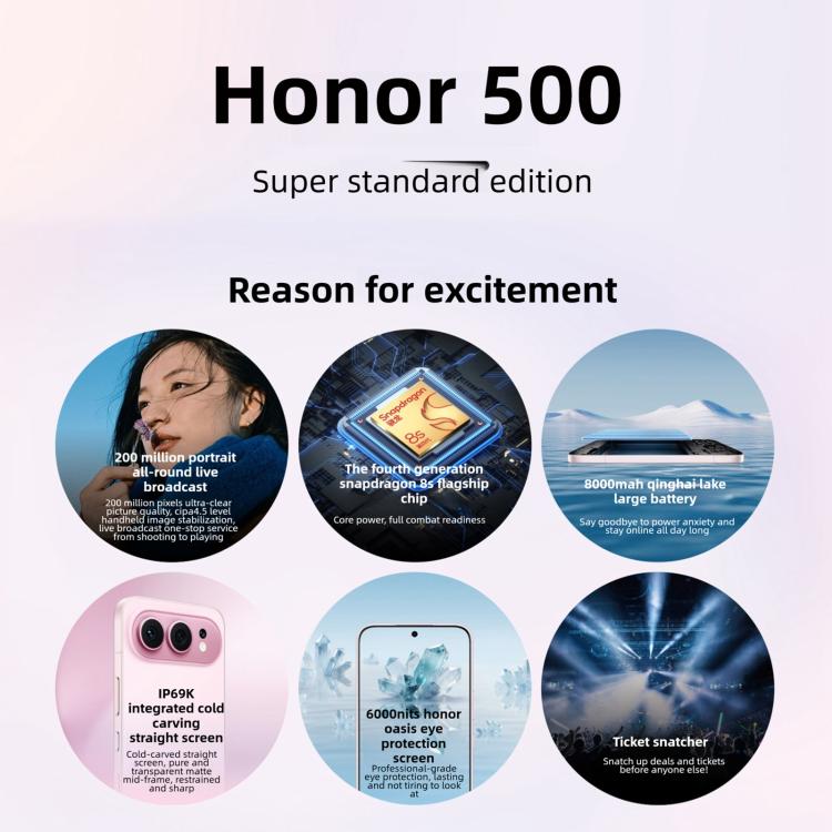 Honor 500, 12GB+256GB, 화면 지문 인식, 6.55인치 MagicOS 10.0 / 안드로이드 16 Snapdragon 8s Gen 4 옥타 코어, 네트워크: 5G, NFC, OTG, Honor 500, 12GB+256GB