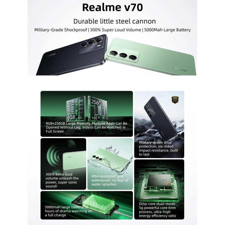 Realme V70, 8GB+256GB, 6.67인치 Realme UI 6.0 Android 15 Dimensity 6300 5G 옥타 코어, 네트워크: 5G, 8GB+256GB