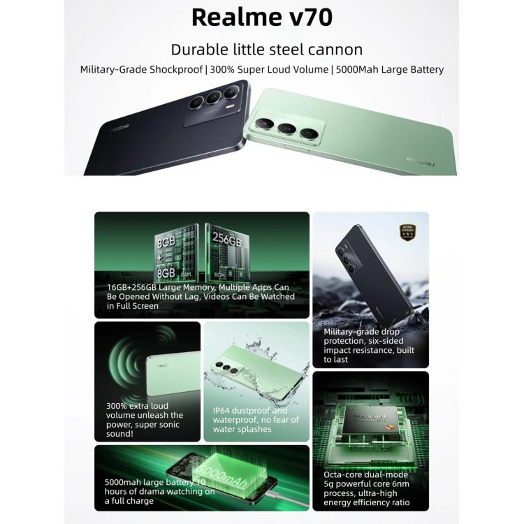 Realme V70, 12GB+256GB, 6.67인치 Realme UI 6.0 Android 15 Dimensity 6300 5G 옥타 코어, 네트워크: 5G, 12GB+256GB