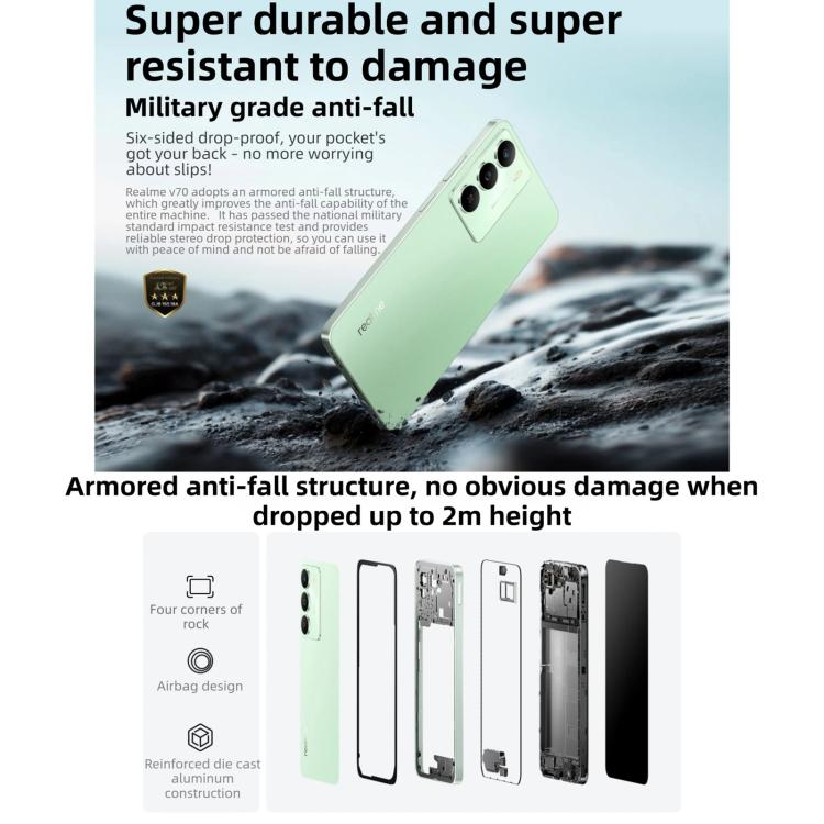 Realme V70, 12GB+256GB, 6.67인치 Realme UI 6.0 Android 15 Dimensity 6300 5G 옥타 코어, 네트워크: 5G, 12GB+256GB