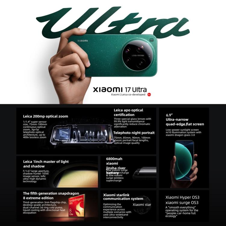 샤오미 17 울트라, 16GB+512GB, 3D 초음파 지문인식, 6.9인치 샤오미 하이퍼OS 3 스냅드래곤 8 엘리트 5세대 옥타 코어, NFC, 네트워크: 5G, 16GB+512GB