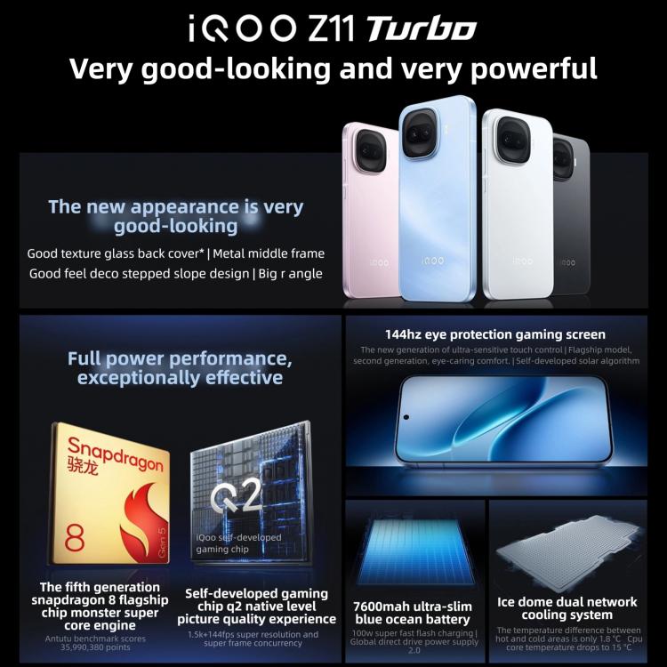 vivo iQOO Z11 Turbo, 16GB+1TB, 초음파 3D 지문 인식, 6.59인치 Android 16 OriginOS 6 Snapdragon 8세대 5 옥타 코어, OTG, NFC, 네트워크: 5G, 16GB+1TB