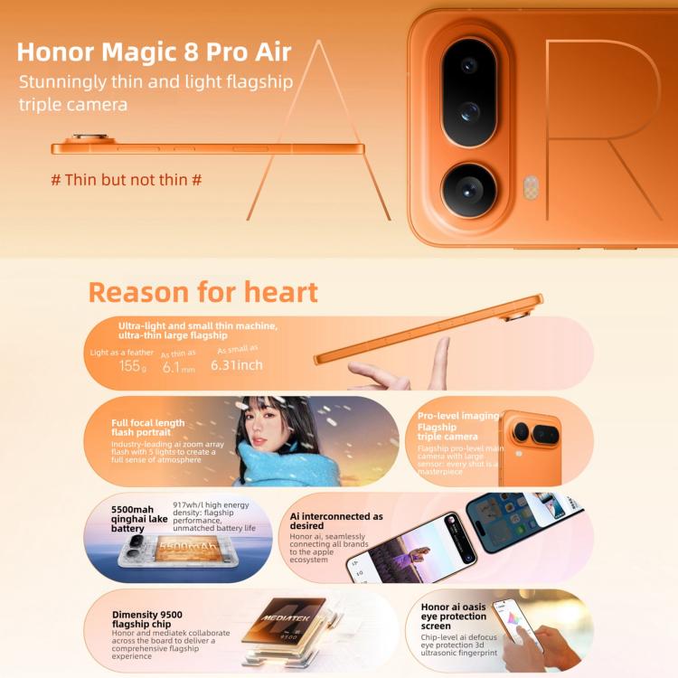 Honor Magic8 Pro Air, 12GB+256GB, 화면 지문 인식, 6.31인치 MagicOS 10.0 / Android 16 Dimensity 9500 옥타 코어, 네트워크: 5G, NFC, OTG, 12GB+256GB