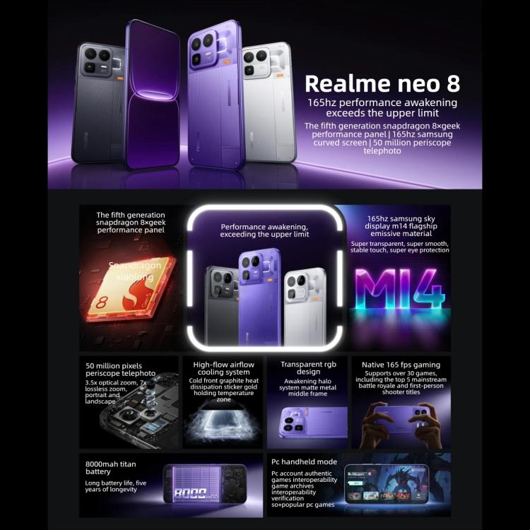 Realme Neo8, 12GB+256GB, 초음파 화면 지문 인식, 6.78인치 Realme UI 7.0 Snapdragon 8 Gen 5 옥타 코어, OTG, NFC, 네트워크: 5G, 12GB+256GB