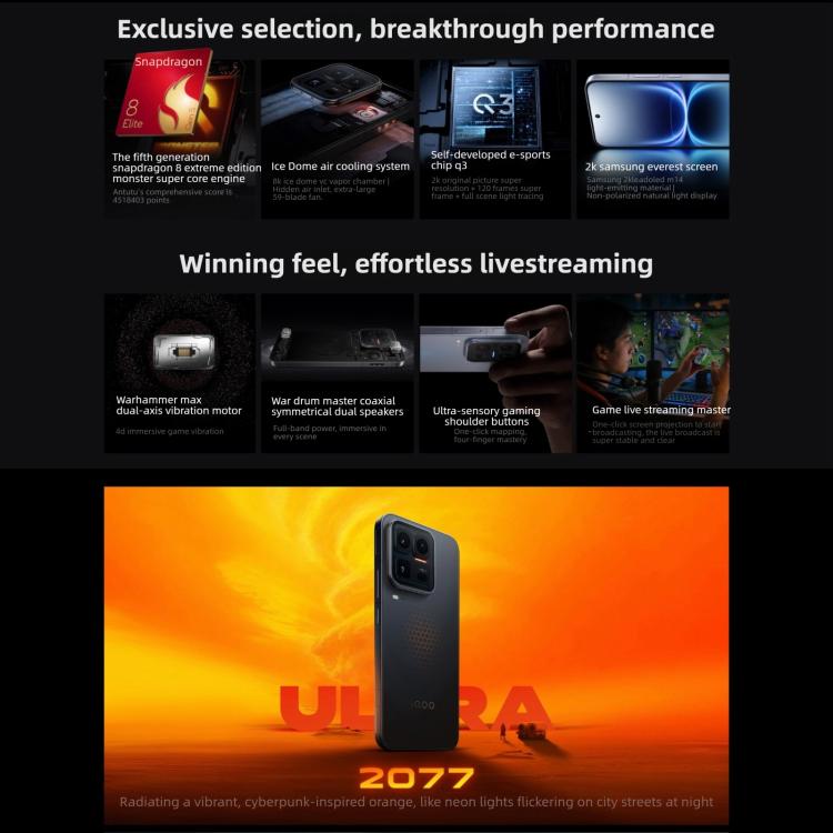 vivo iQOO 15 Ultra, 16GB+256GB, 초음파 3D 지문 인식, 6.85인치 안드로이드 16 OriginOS 6 Snapdragon 8 Elite Gen 5 옥타 코어, OTG, NFC, 네트워크: 5G, 구글 플레이 지원, 16GB+256GB