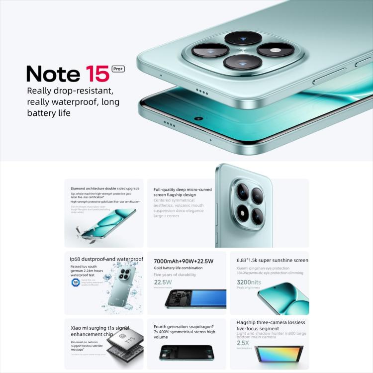 샤오미 레드미 노트 15 프로+ 5G, 16GB+512GB, 6.83인치 샤오미 하이퍼OS 2 스냅드래곤 7s 4세대 옥타 코어, 네트워크: 5G, NFC, 16GB+512GB