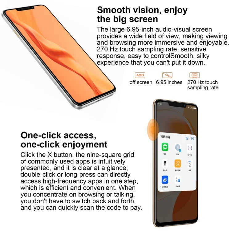 듀얼 후면 카메라, 측면 지문 인식, 7000mAh 배터리, 6.95인치 HarmonyOS 3.0 Qualcomm Snapdragon 680 옥타 코어 2.4GHz, 네트워크: 4G, OTG, NFC, 구글 플레이 미지원, 512GB 블랙, 512GB 오렌지