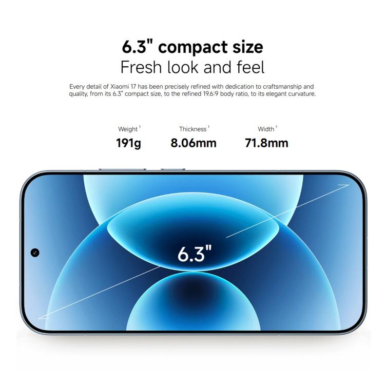 샤오미 17 글로벌, 12GB+256GB, 초음파 지문 인식, 6.3인치 Xiaomi HyperOS 3 Snapdragon 8 Elite Gen 5 옥타 코어, NFC, 네트워크: 5G, 12GB+256GB