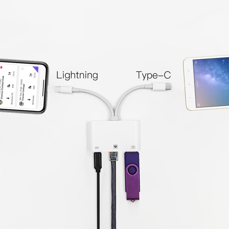 NK-107 Pro 3 in 1 USB-C / 타입-C + 8핀 수컷 to USB + RJ45 + 8핀 충전 암컷 인터페이스 어댑터, NK-107 Pro