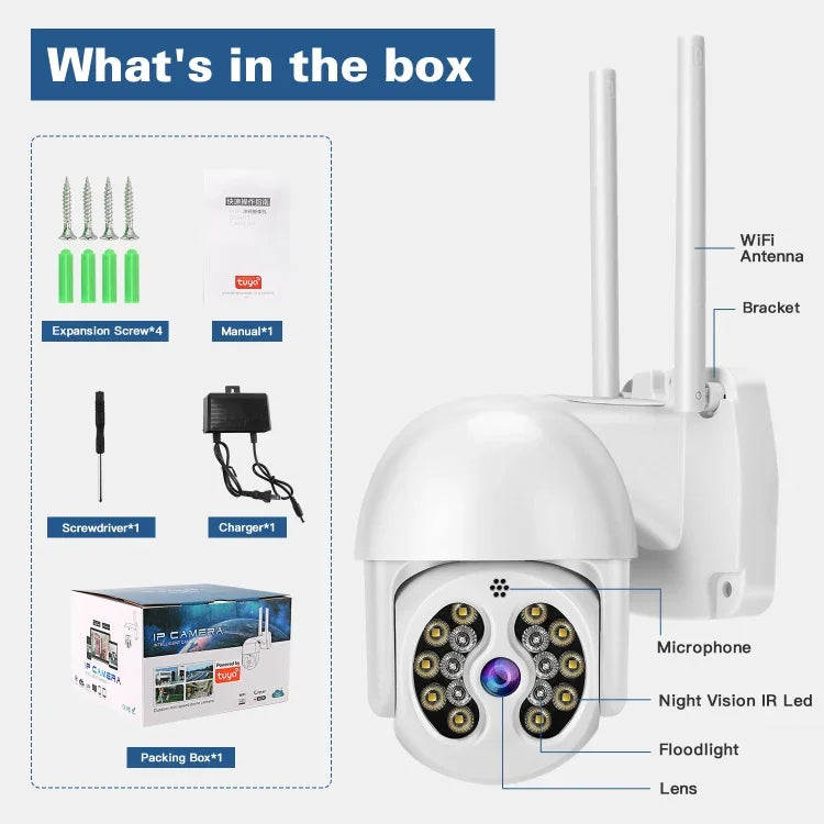 Tuya QX56 300만 화소 IP66 방수 2.4G 무선 IP 카메라, 아마존 알렉사 & 구글 홈 & 모션 감지 & 양방향 오디오 & 풀 컬러 야간 시야 & TF 카드 지원, EU 플러그, 아마존 알렉사 & 구글 홈 지원