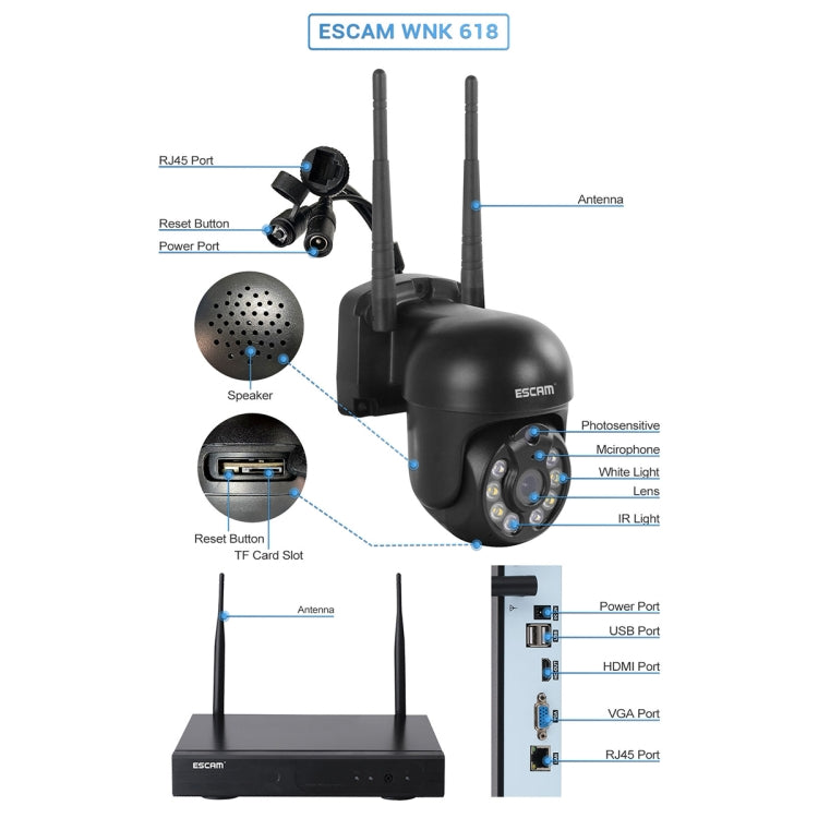 ESCAM WNK618 300만 화소 8채널 무선 돔 카메라 HD NVR 보안 시스템, 동작 감지 및 양방향 오디오 및 풀컬러 야간 시야 및 TF 카드 지원, EU 플러그, WNK618