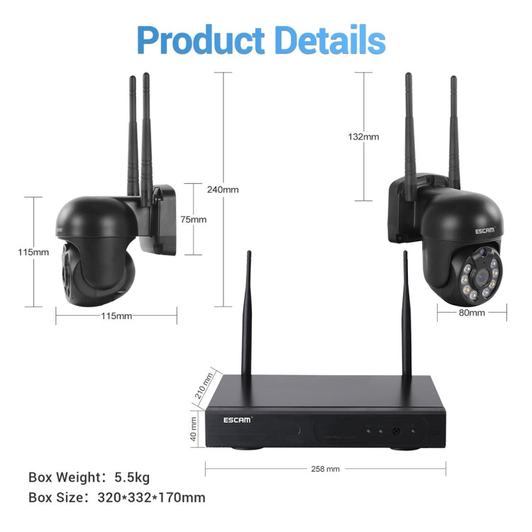 ESCAM WNK618 300만 화소 8채널 무선 돔 카메라 HD NVR 보안 시스템, 동작 감지 및 양방향 오디오 및 풀컬러 야간 시야 및 TF 카드 지원, EU 플러그, WNK618