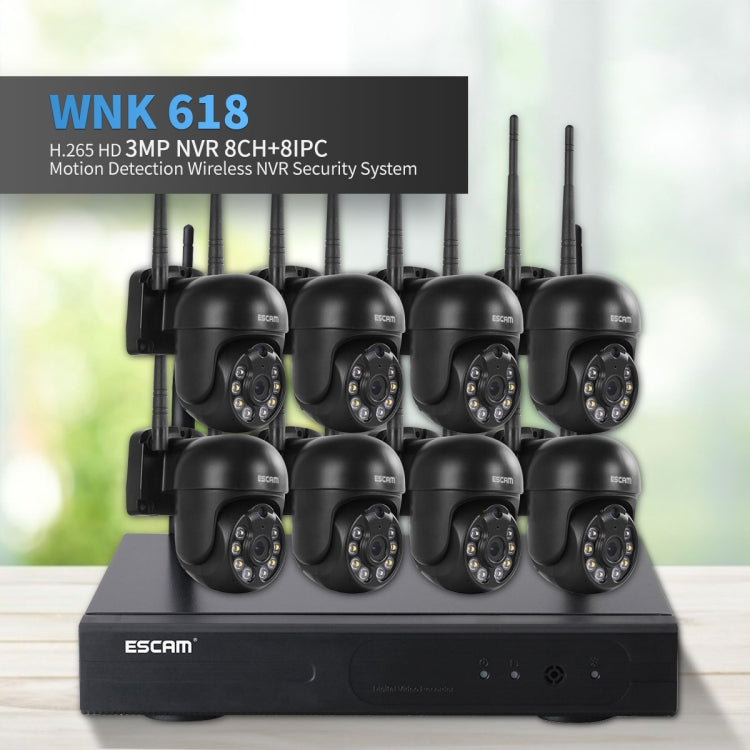 ESCAM WNK618 300만 화소 8채널 무선 돔 카메라 HD NVR 보안 시스템, 동작 감지 및 양방향 오디오 및 풀컬러 야간 시야 및 TF 카드 지원, EU 플러그, WNK618