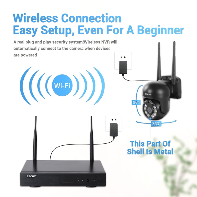 ESCAM WNK618 300만 화소 8채널 무선 돔 카메라 HD NVR 보안 시스템, 동작 감지 및 양방향 오디오 및 풀컬러 야간 시야 및 TF 카드 지원, EU 플러그, WNK618