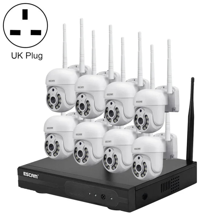 ESCAM WNK718 HD 300만 화소 8채널 무선 + 8IPC 무선 NVR 보안 시스템, 영국 플러그, WNK718