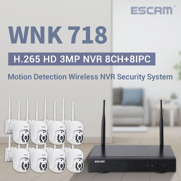 ESCAM WNK718 HD 300만 화소 8채널 무선 + 8IPC 무선 NVR 보안 시스템, 영국 플러그, WNK718