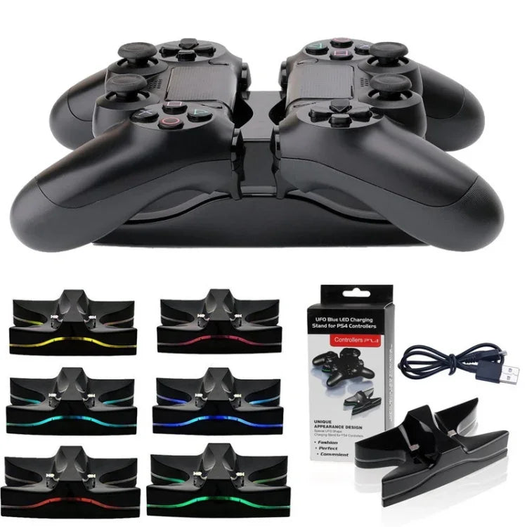 특별 UFO 모양 2 x USB 충전 도크 스탠드 / 컨트롤러 충전 스탠드 PS4 플레이스테이션 4용 다중 색상 LED 포함, PS용