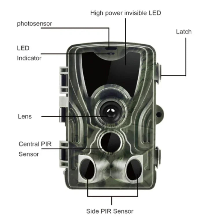 HC801A 8MP 방수 IP65 IR 야간 투시 보안 사냥용 트레일 카메라, Novatek 96650 프로그램, 120도 광각, 110도 PIR 감지 각도, HC801A