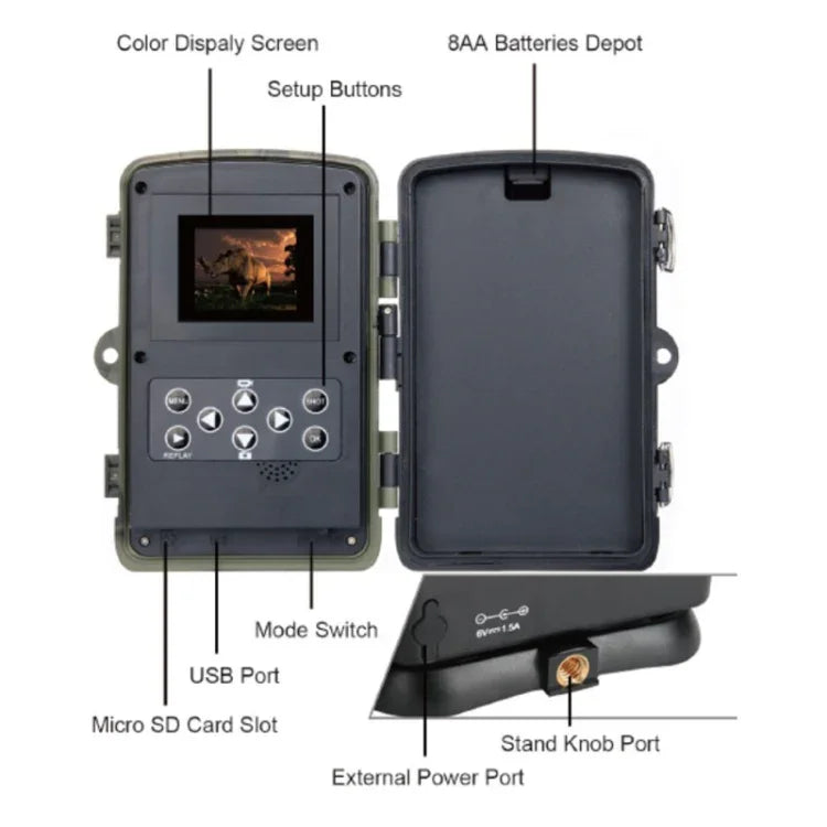 HC801A 8MP 방수 IP65 IR 야간 투시 보안 사냥용 트레일 카메라, Novatek 96650 프로그램, 120도 광각, 110도 PIR 감지 각도, HC801A
