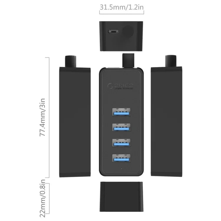 ORICO W5P-U3-30 4포트 USB 3.0 데스크탑 허브, 30cm 마이크로 USB 케이블 전원 공급, W5P-U3-30 블랙