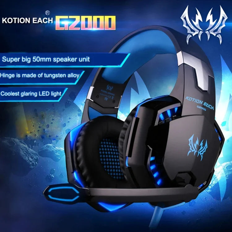 KOTION EACH G2000 오버이어 게임용 헤드폰 헤드셋 이어폰 헤드밴드 마이크 포함 스테레오 베이스 LED 라이트 PC 게이머용, 케이블 길이: 약 2.2m(화이트 + 레드), G2000