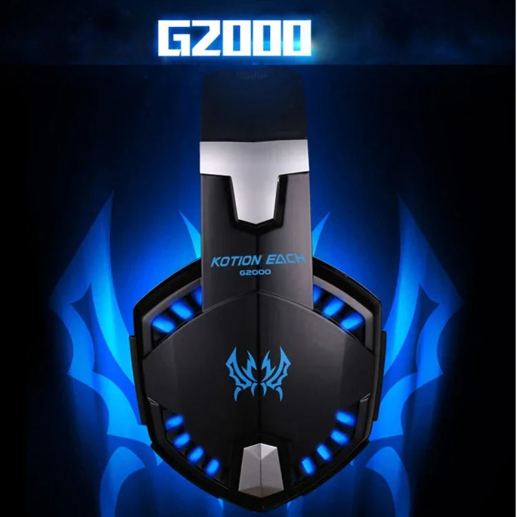 KOTION EACH G2000 오버이어 게임용 헤드폰 헤드셋 이어폰 헤드밴드 마이크 포함 스테레오 베이스 LED 라이트 PC 게이머용, 케이블 길이: 약 2.2m(화이트 + 레드), G2000