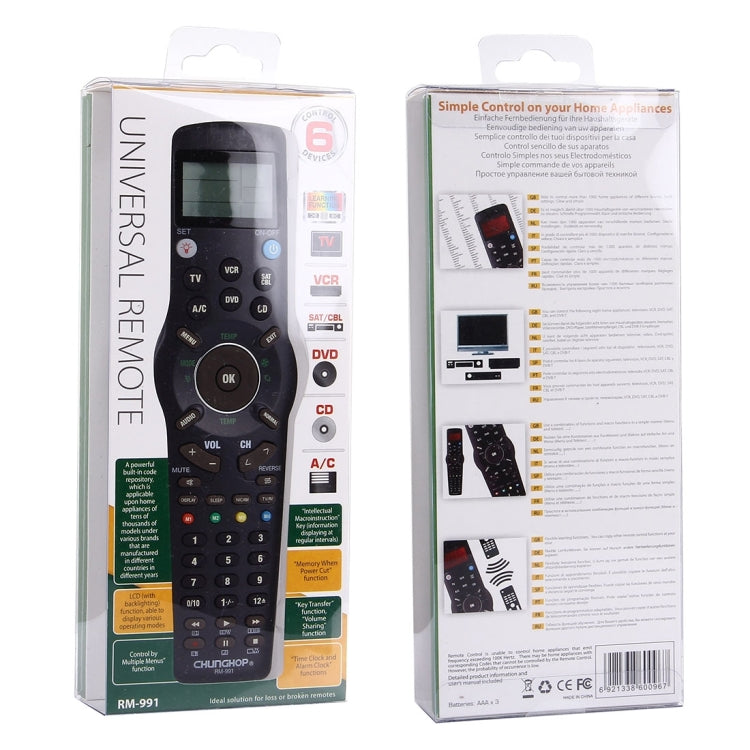 CHUNGHOP RM-L991 TV VCR SAT CBL DVD CD A/C용 학습 기능 탑재 범용 LCD 리모컨, RM-L991