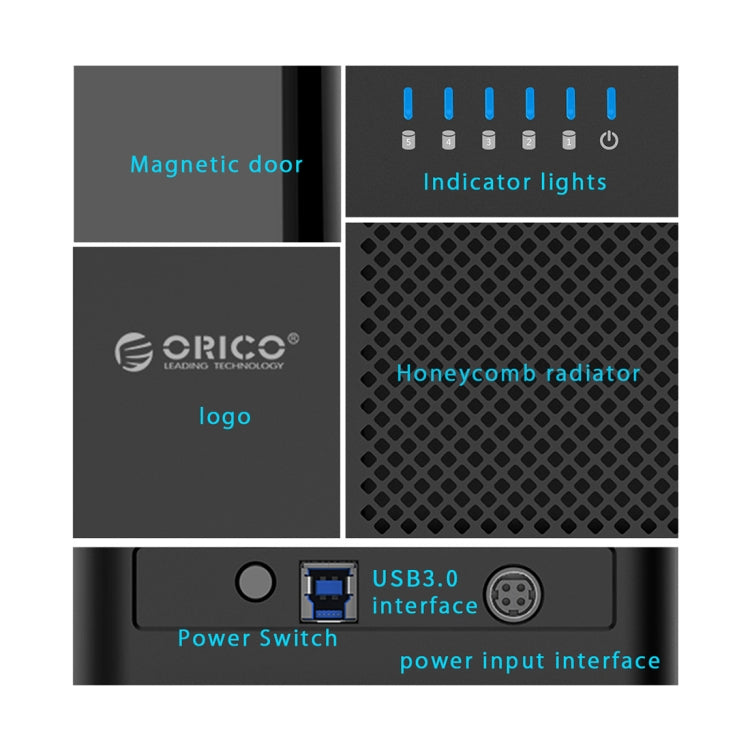 ORICO DS500U3 3.5인치 5베이 자석형 USB 3.0 하드 드라이브 인클로저 블루 LED 표시등 포함, USB 3.0