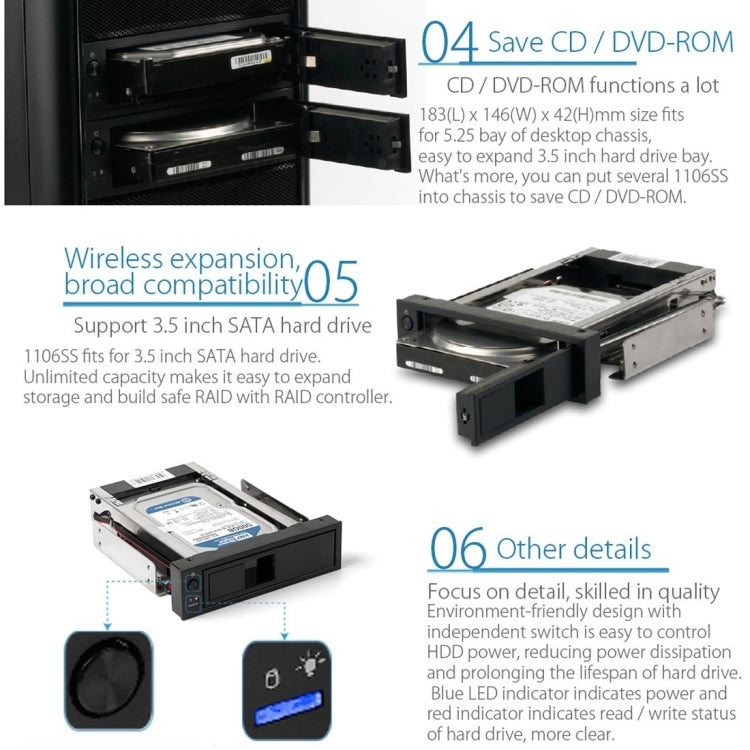 ORICO 1106SS CD-ROM 공간 HDD 모바일 랙 내부 3.5인치 HDD 변환기 인클로저