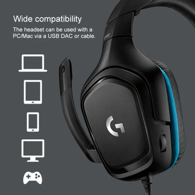 Logitech G431 돌비 7.1 서라운드 사운드 스테레오 접이식 노이즈 감소 경쟁용 게임용 헤드셋, G431