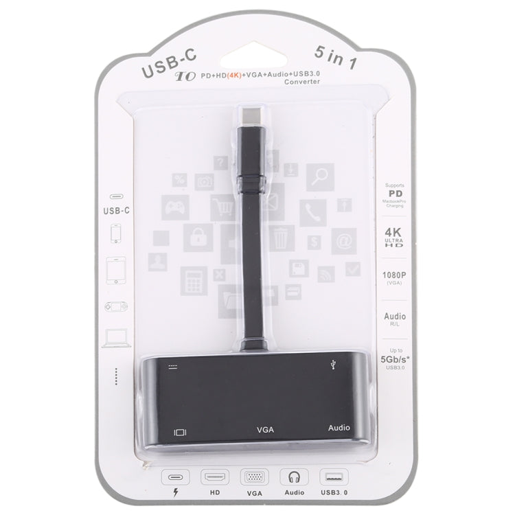 V126 USB-C / Type-C 수컷 to PD + HDMI + VGA + 오디오 + USB 3.0 암컷 5-in-1 컨버터, 5-in-1