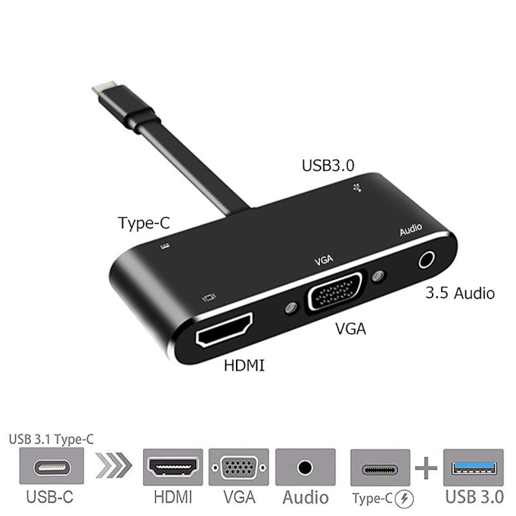 V126 USB-C / Type-C 수컷 to PD + HDMI + VGA + 오디오 + USB 3.0 암컷 5-in-1 컨버터, 5-in-1