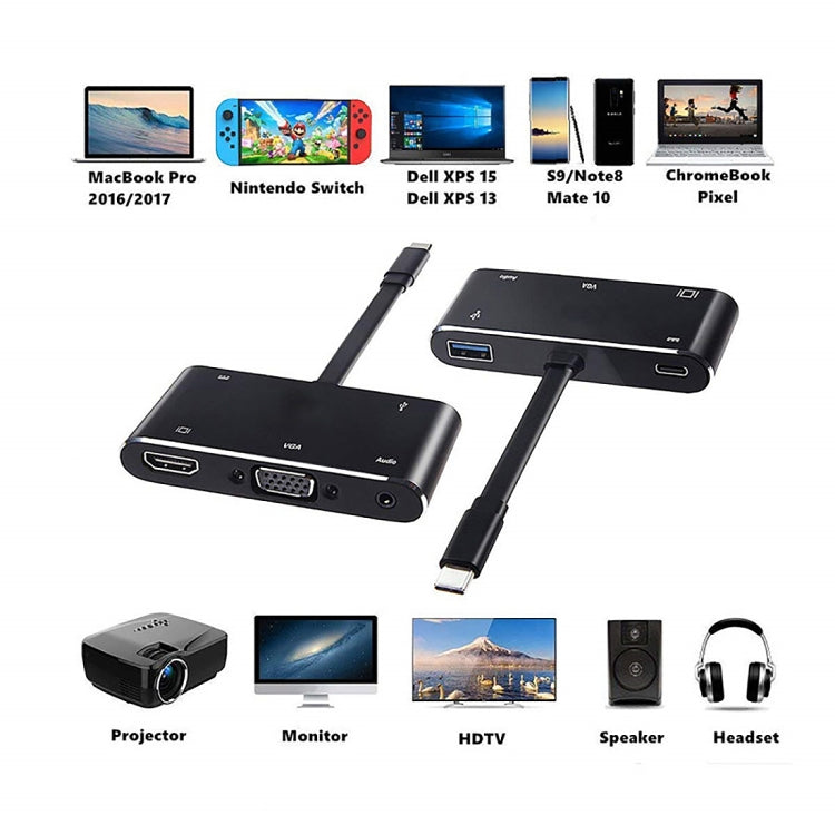 V126 USB-C / Type-C 수컷 to PD + HDMI + VGA + 오디오 + USB 3.0 암컷 5-in-1 컨버터, 5-in-1