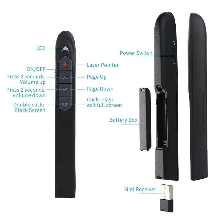 XM930 2.4GHz 무선 레이저 파워포인트 페이지 넘김 펜 멀티미디어 무선 프레젠테이션 프로젝션 펜 USB 수신기 포함, 저전력 알림 지원, 리모컨 제어 거리: 100m, 100m 화이트, 100m 블랙