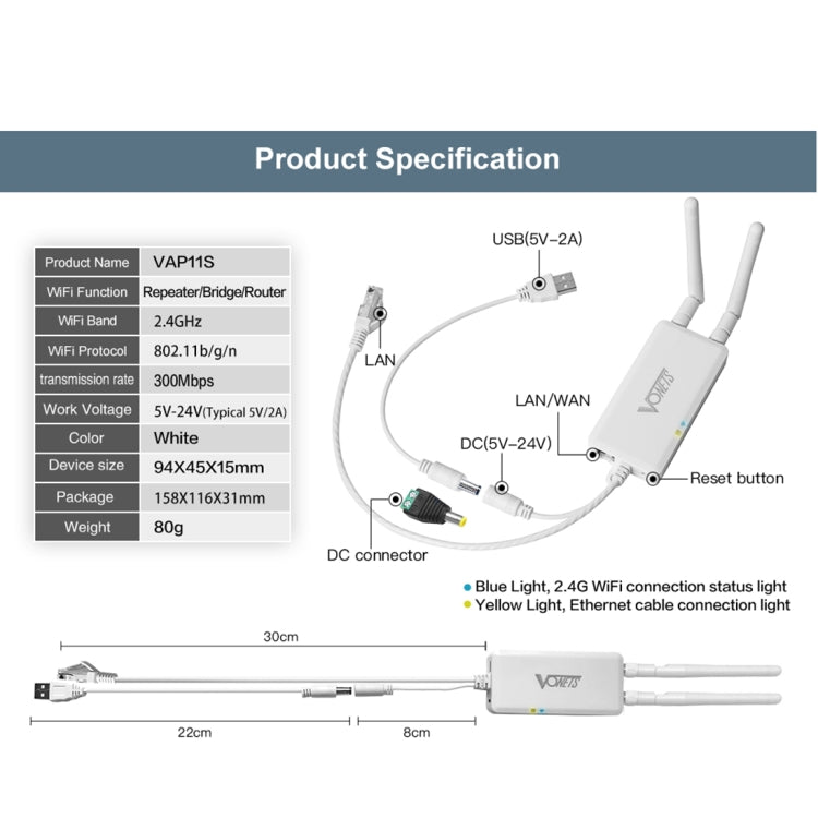 VONETS VAP11S 2.4G 미니 무선 브리지 300Mbps WiFi 리피터 2 안테나 포함, VAP11S
